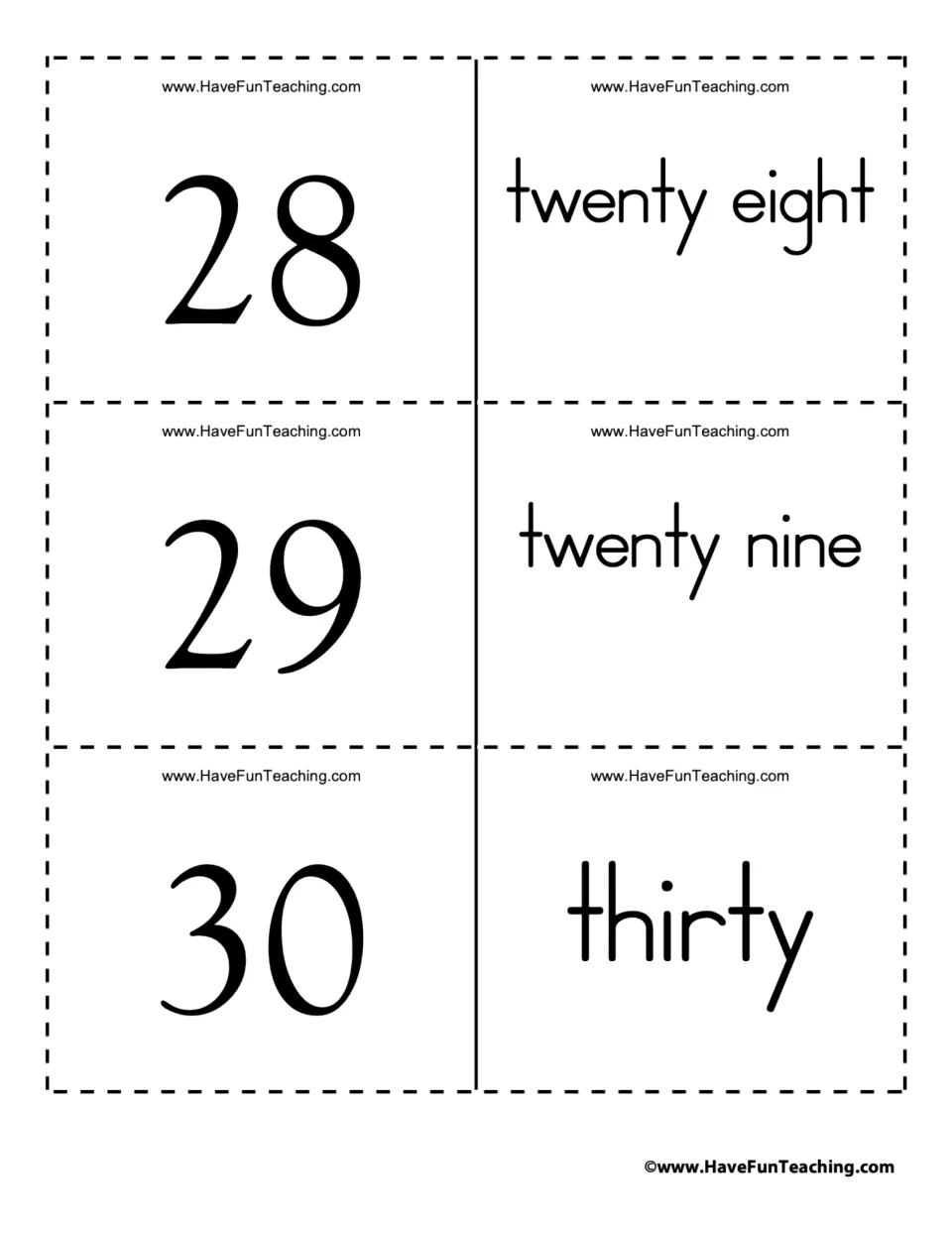 Number words 28 to 30: cards match 28, 29 and 30 with twenty eight, twenty nine and thirty, adding the next tens word