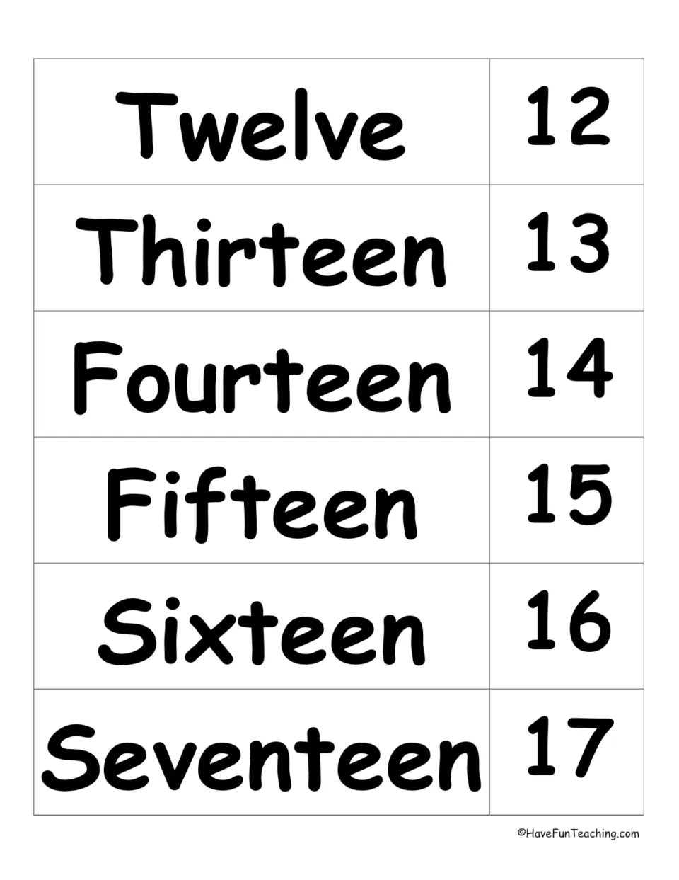 Teen number words Twelve to Seventeen: cards pair each spelled-out word with its numeral, 12 through 17