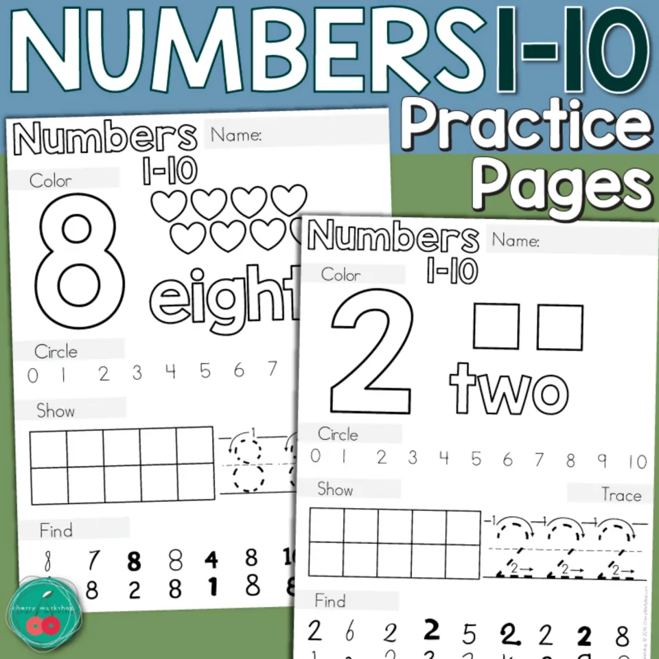 Numbers 1-10 Practice Pages cover showing sample pages for 8 and 2 with color, circle, show, trace and find tasks