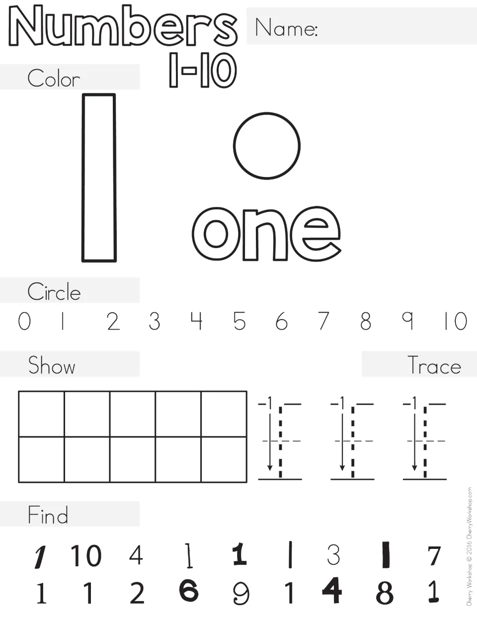 Number 1 practice: students color 1, one circle and the word one, circle 1, fill a ten frame, trace 1 and find each 1
