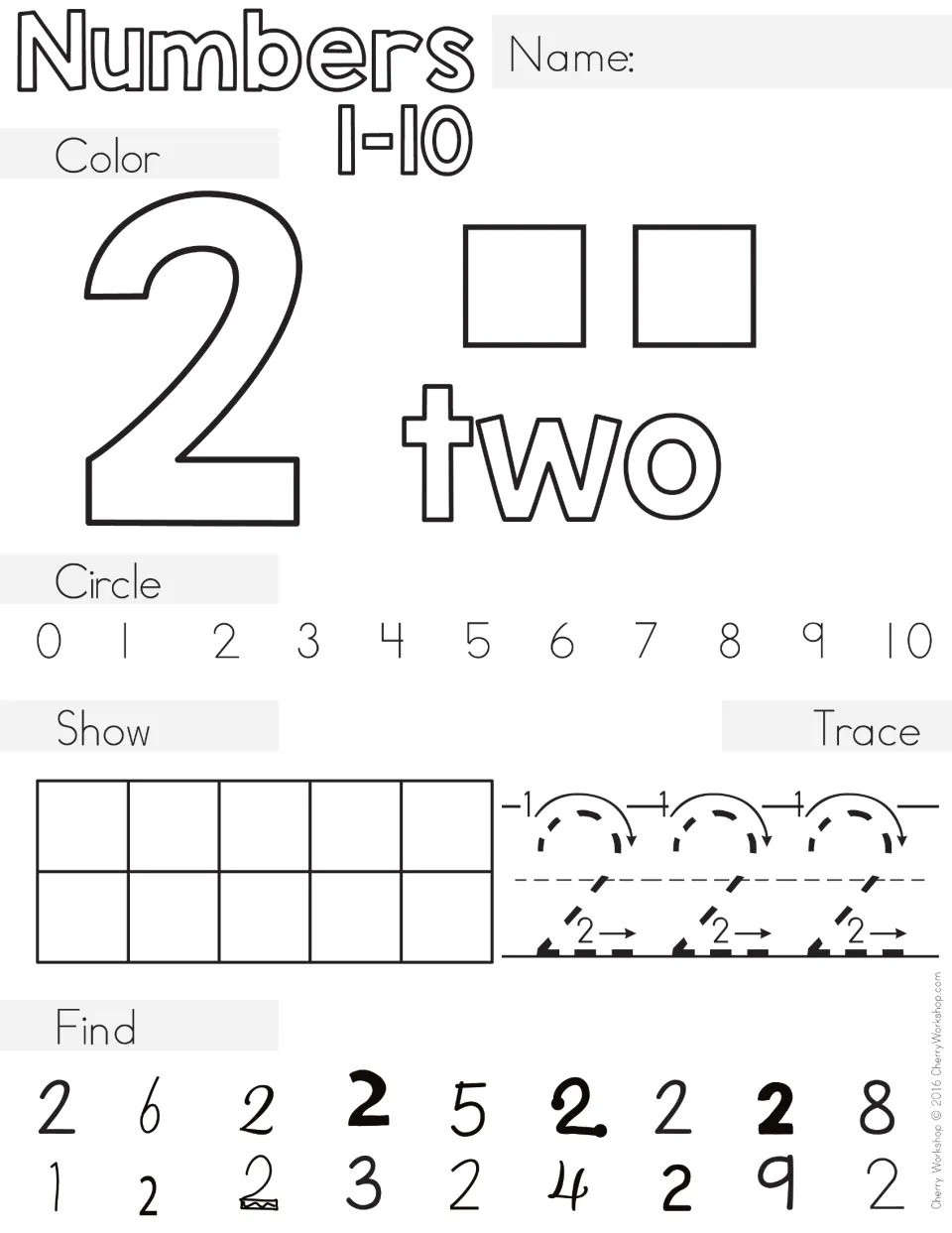 Number 2 practice: color 2, two squares and the word two, then circle 2, show it on a ten frame, trace and find 2s
