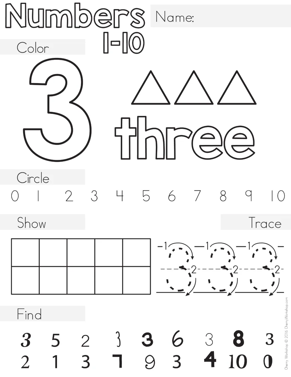Number three page: students color 3 triangles and the word three, circle 3, show 3 on a ten frame, trace and find it