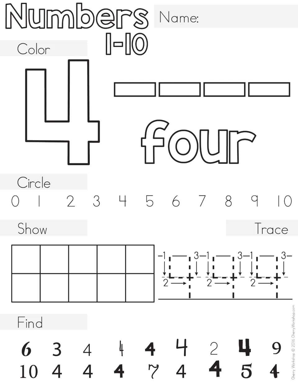 Number 4 practice: color the numeral, four rectangles and word four, circle 4, fill a ten frame, trace it, spot all 4s