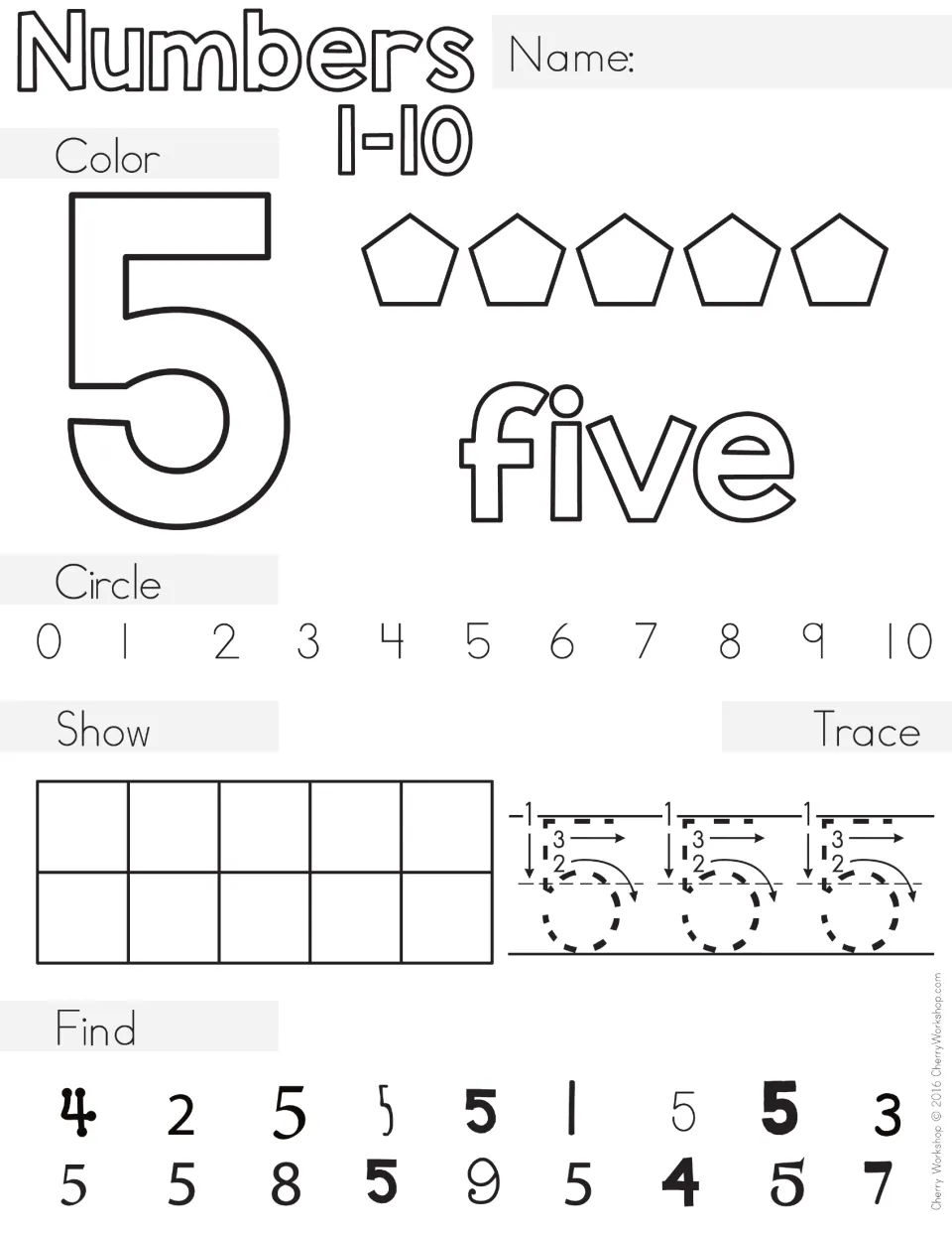 Five practice: students color 5 pentagons and the word five, circle 5, show five on a ten frame, trace and find 5s