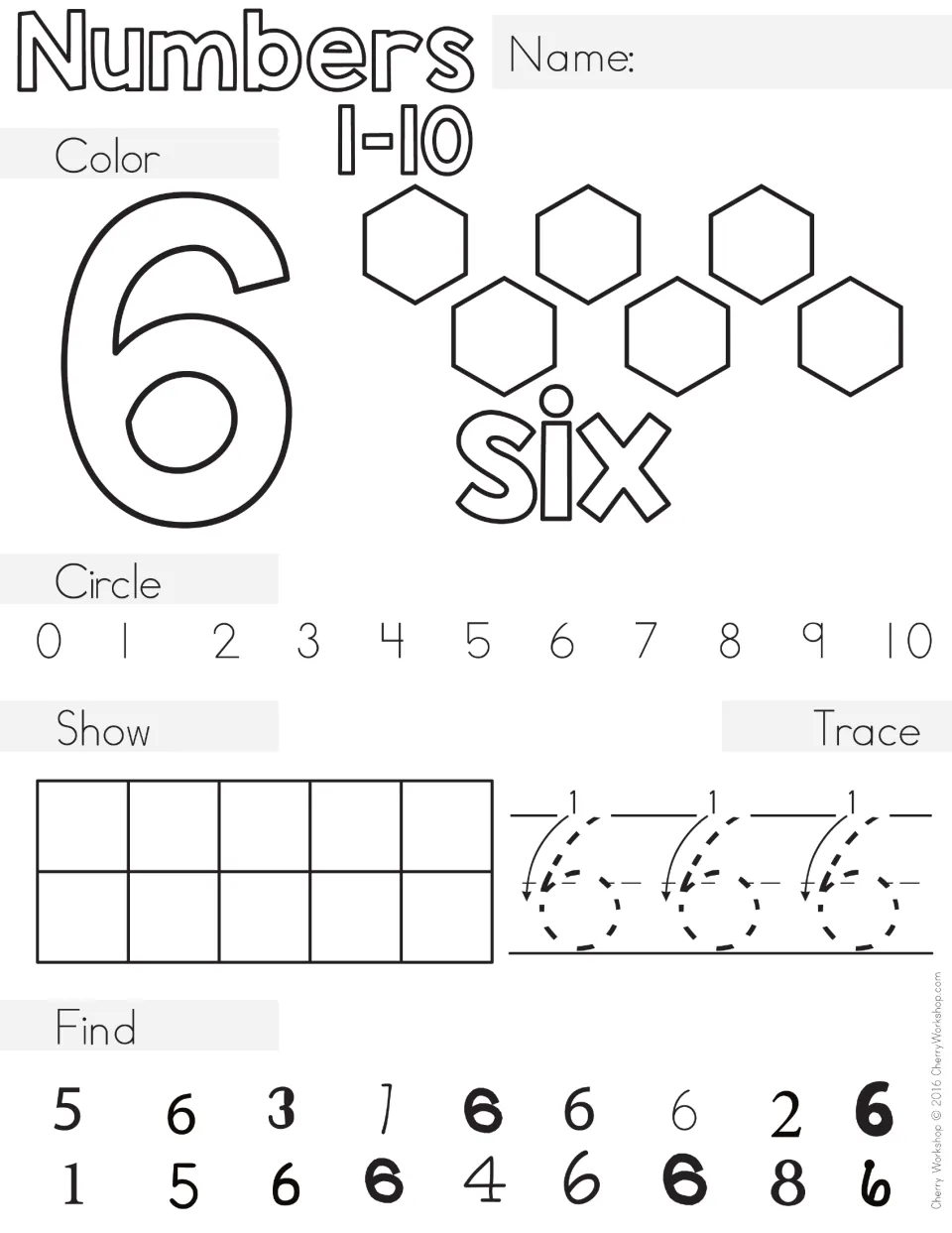 Number 6 page: color six hexagons and the word six, circle 6 on a 0-10 line, fill a ten frame, trace 6 and find each 6