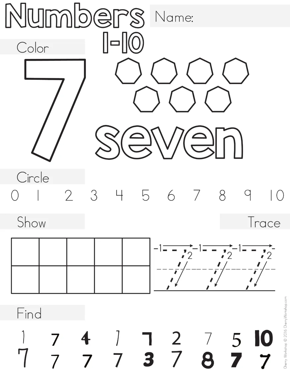Number seven: students color 7 heptagons and the word seven, circle 7, show seven on a ten frame, trace and find 7s