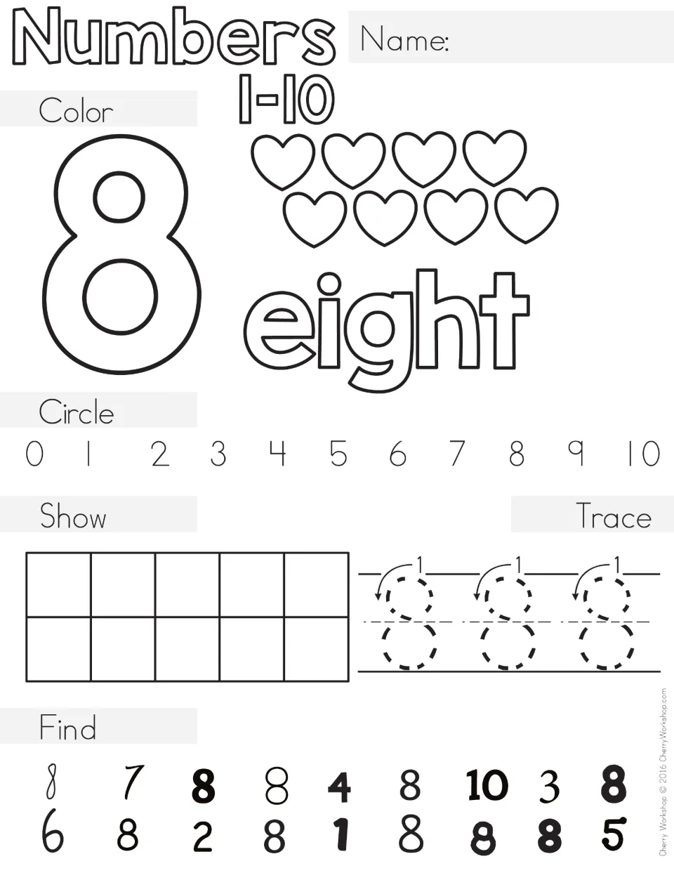 Number 8 practice: color eight hearts and the word eight, circle 8, show 8 on a ten frame, trace the numeral, find 8s