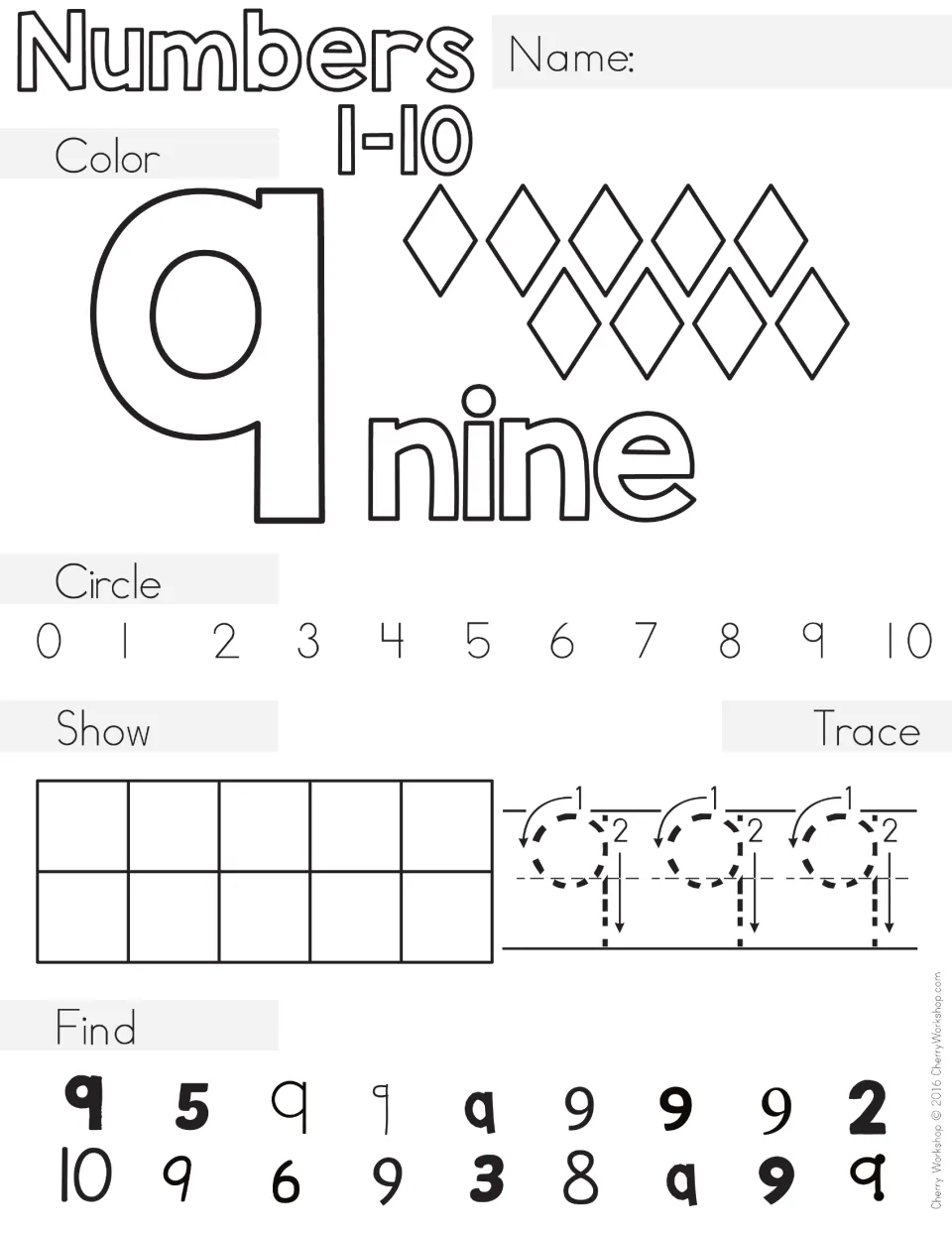 Number nine: students color 9 diamonds and the word nine, circle 9, fill nine spaces in a ten frame, trace and find 9s