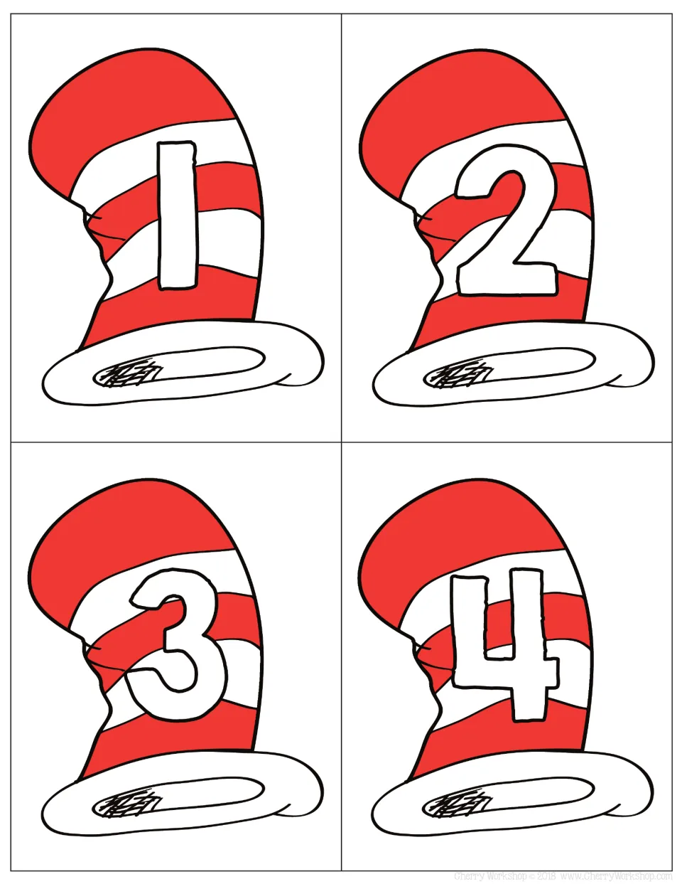 Number cards 1 to 4: white outlined numerals on striped red-and-white hats, cut apart for number recognition practice