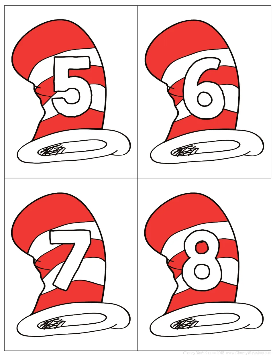 Number cards 5 to 8: white outlined numerals on striped hats for students to cut out and use in counting and ordering