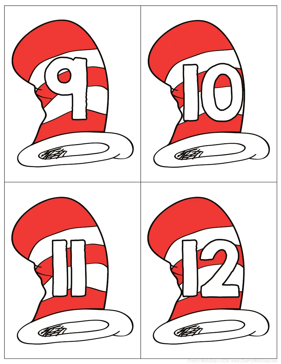 Number cards 9 to 12: white outlined numerals on striped hats, including the first two-digit numbers 10, 11 and 12