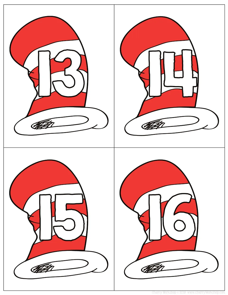 Number cards 13 to 16: white outlined teen numerals on striped hats for matching, ordering and naming teen numbers