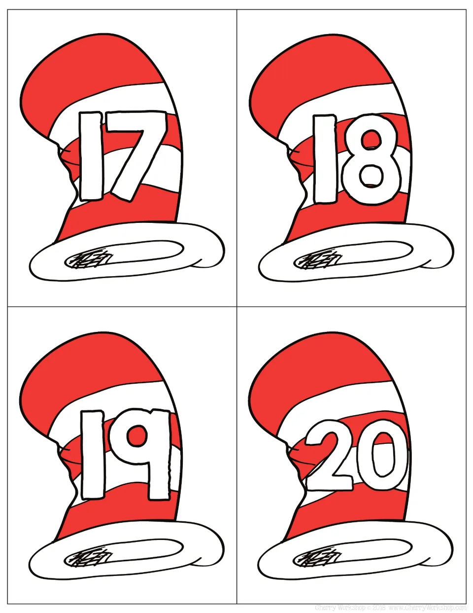 Number cards 17 to 20: white outlined numerals on striped hats, finishing the set at 20 for counting and ordering