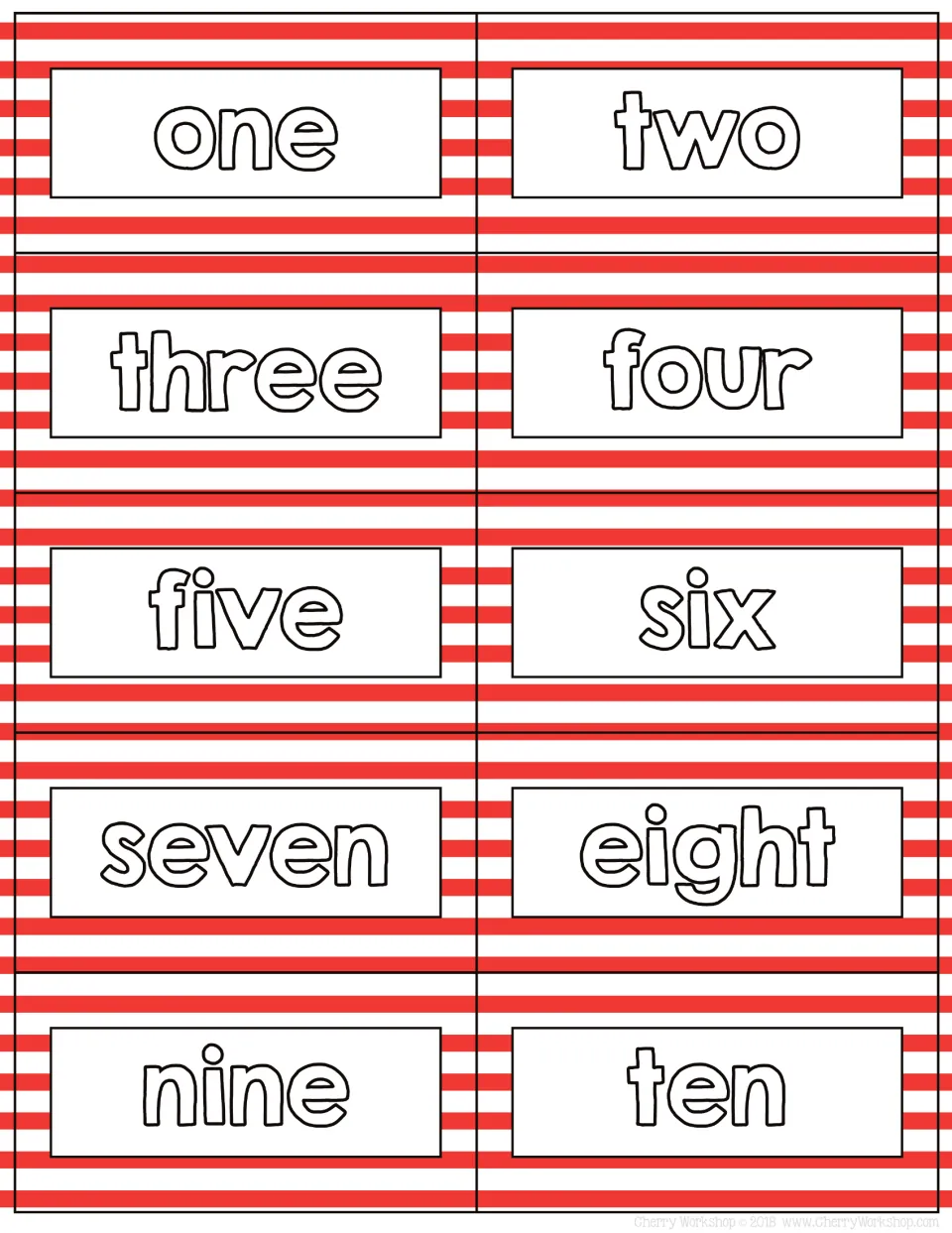 Number word cards one to ten: outlined words on red-and-white stripes for matching each word to its numeral card