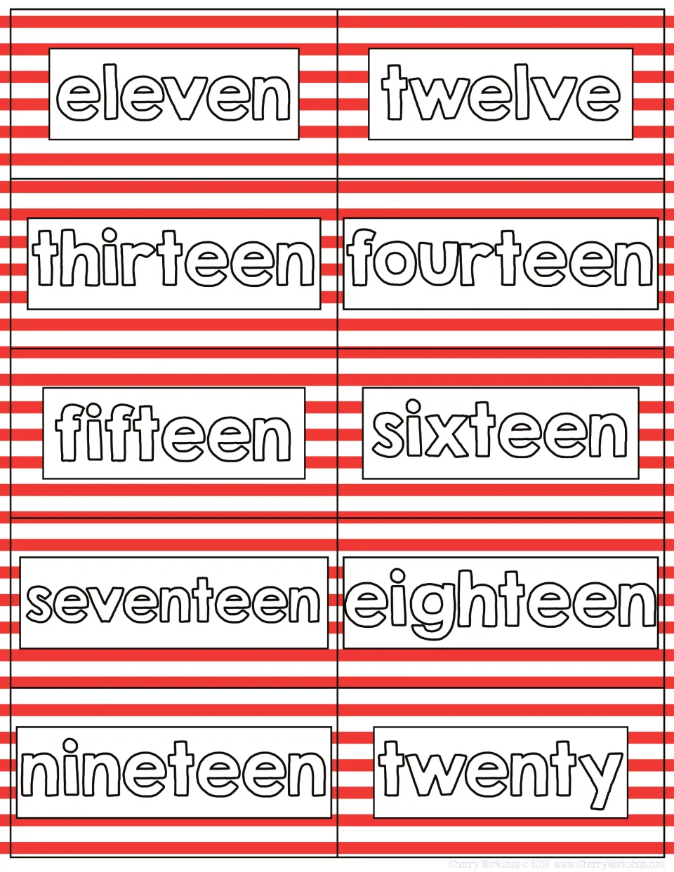 Number word cards eleven to twenty: outlined teen words and twenty on stripes for reading and pairing with numerals