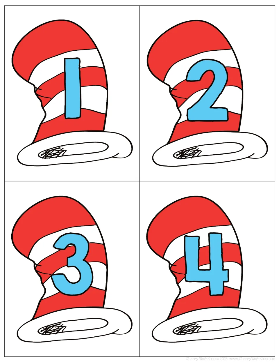Number cards 1 to 4 in color: blue numerals on striped hats, a second version of the set for display or matching games