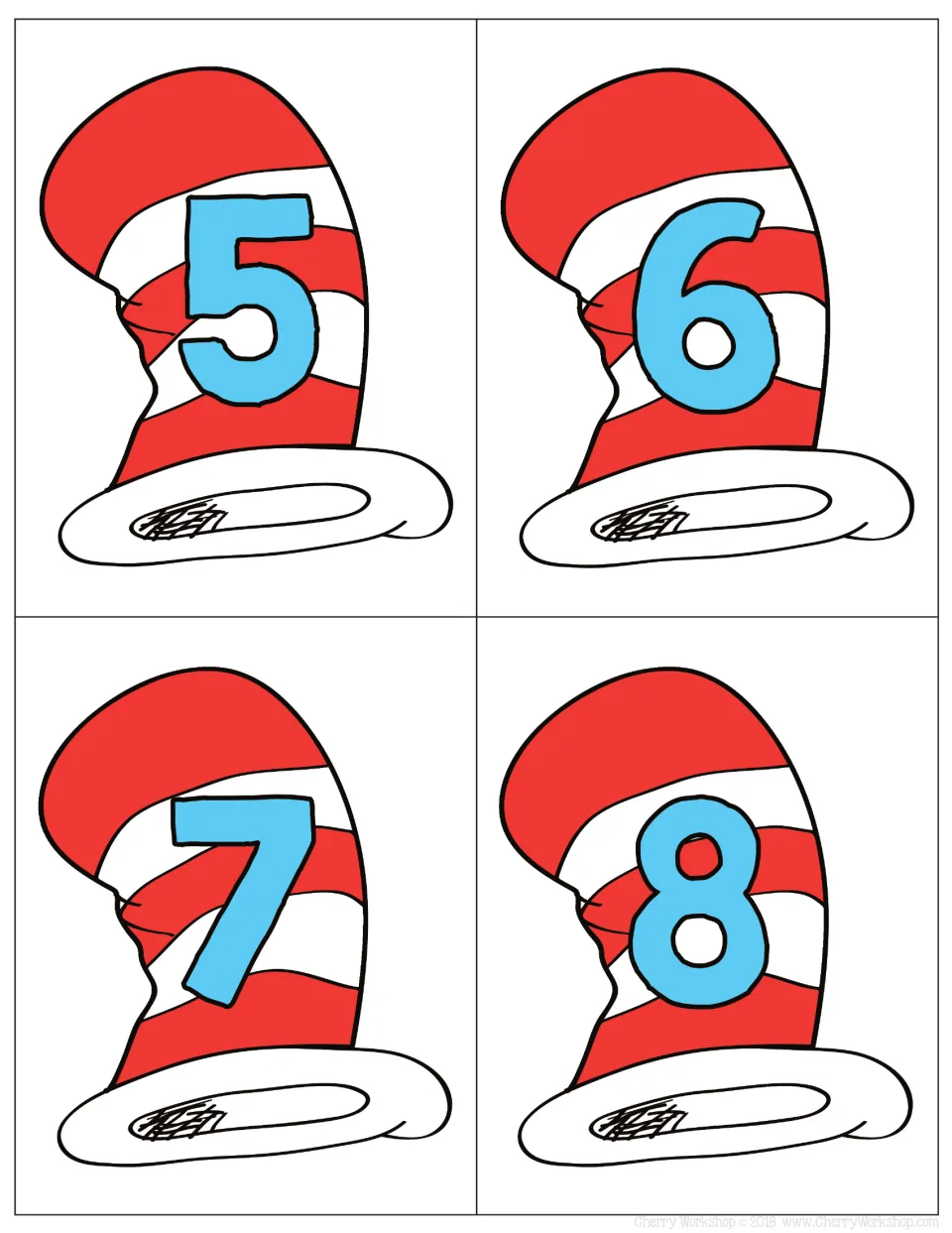 Number cards 5 to 8 in color: blue numerals on striped hats for a colored counting line or number-order activity