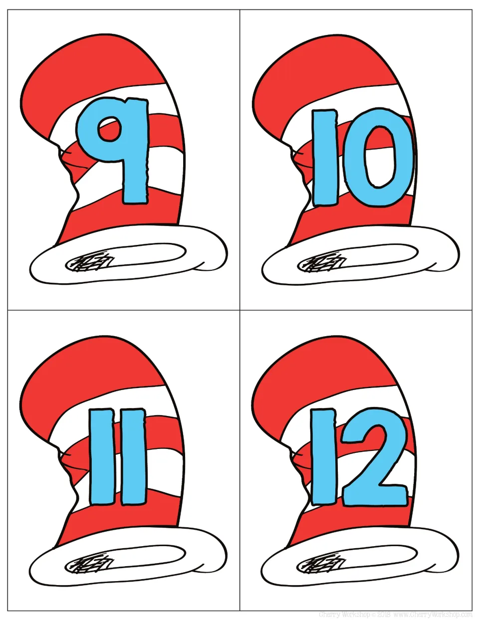 Number cards 9 to 12 in color: blue numerals on striped hats, including 10, 11 and 12 for early two-digit practice