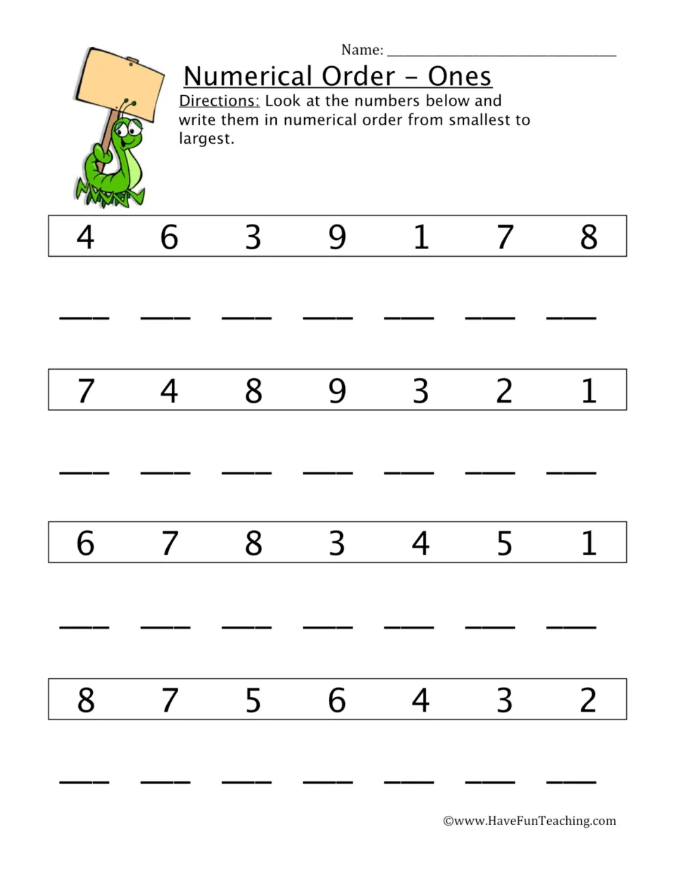 Numerical Order - Ones: students rewrite four rows of single-digit numbers, such as 4, 6, 3, 9, from smallest to largest