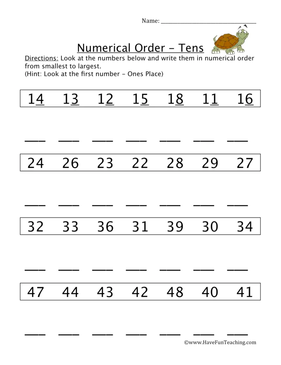 Ordering two-digit numbers: students sort rows like 14, 13, 12 and 24, 26, 23 from least to greatest by ones digit