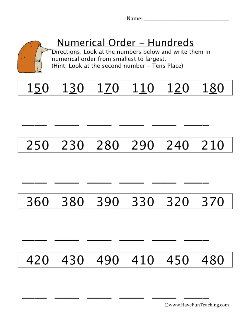 Ordering hundreds: students arrange rows of three-digit numbers like 150, 130, 170 smallest to largest by tens digit