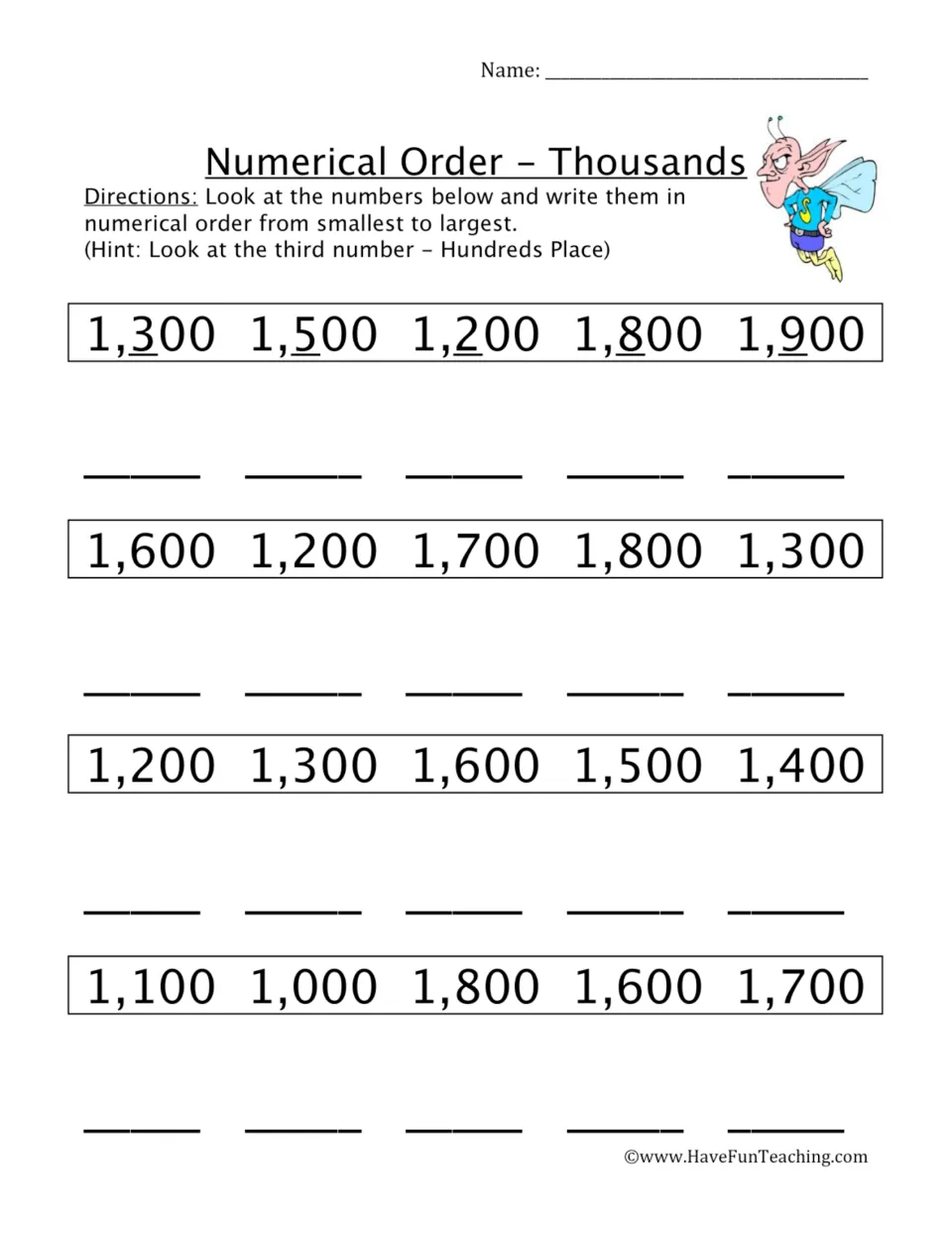Ordering thousands: students write rows like 1,300, 1,500 and 1,200 from least to greatest by the hundreds digit