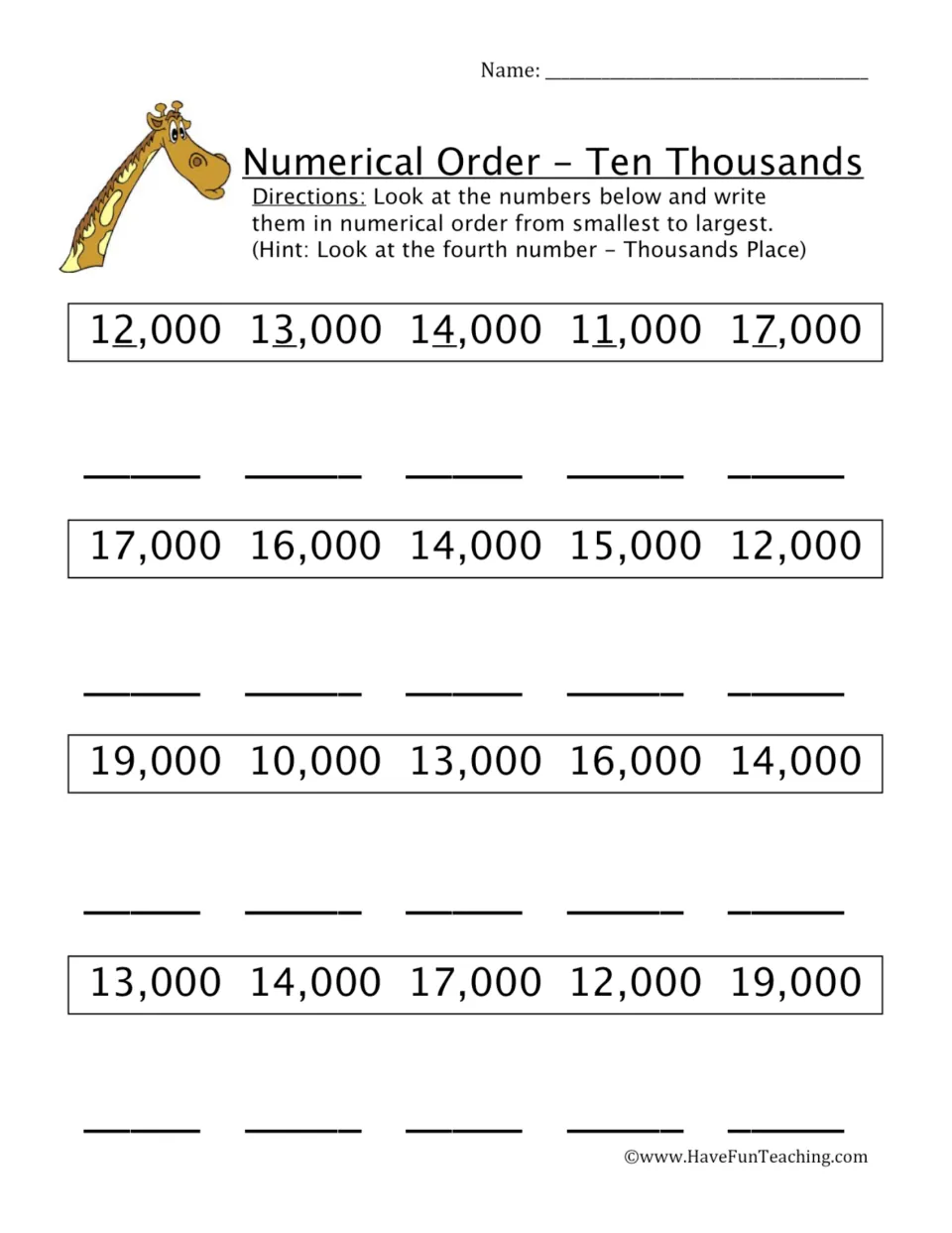 Ten thousands ordering: students sequence five-digit numbers such as 12,000, 13,000 and 11,000 by the thousands digit