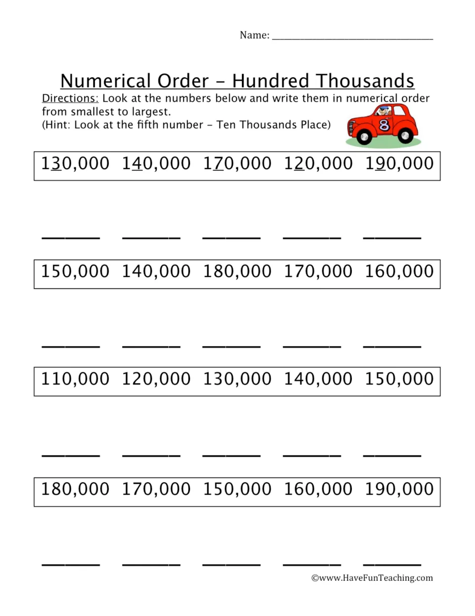 Hundred thousands sequencing: students reorder six-digit numbers like 130,000, 140,000 and 120,000 by ten thousands digit
