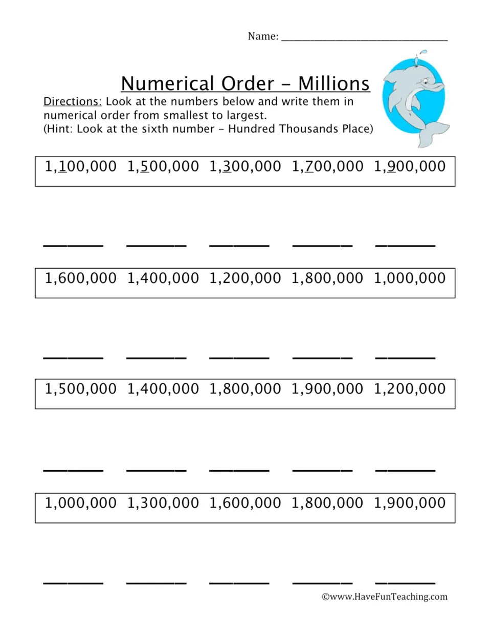 Millions: students order seven-digit numbers like 1,100,000 and 1,500,000 least to greatest by hundred thousands digit