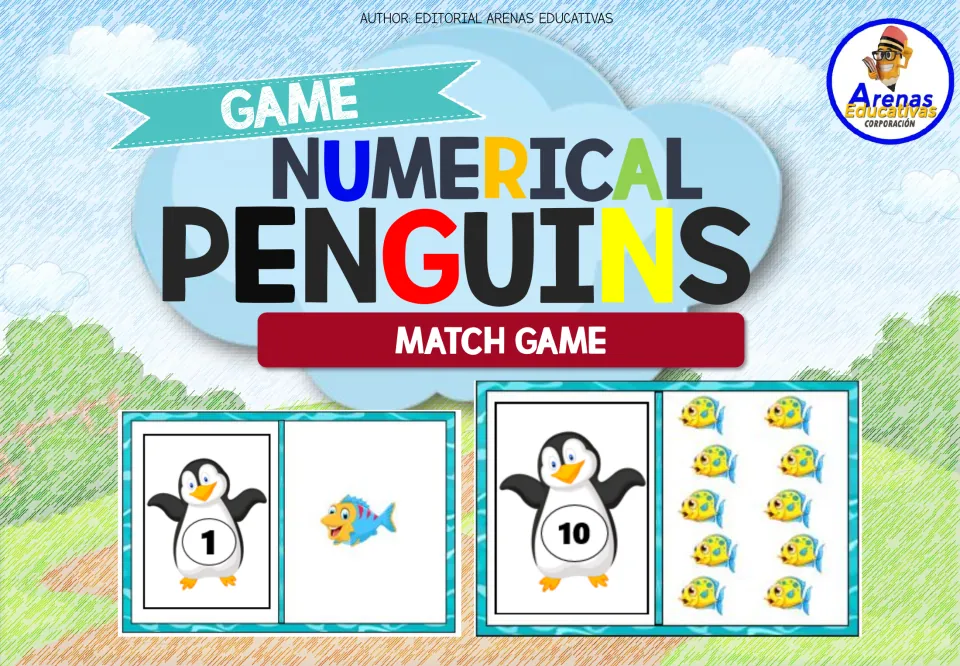 Numerical Penguins match game cover showing penguin numeral cards 1 and 10 paired with matching fish groups