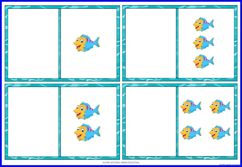 Fish quantity cards for the matching game: groups of 1, 2, 3, and 4 blue fish to pair with penguin numerals