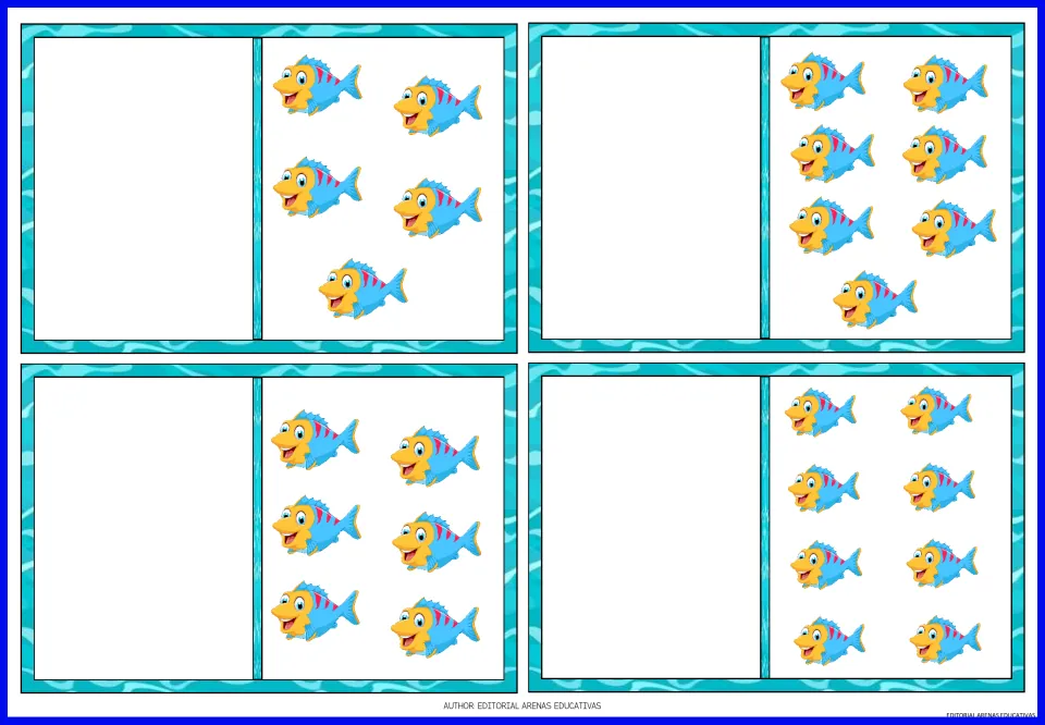 Fish quantity cards for the matching game: groups of 5, 6, 7, and 8 blue fish to pair with penguin numerals