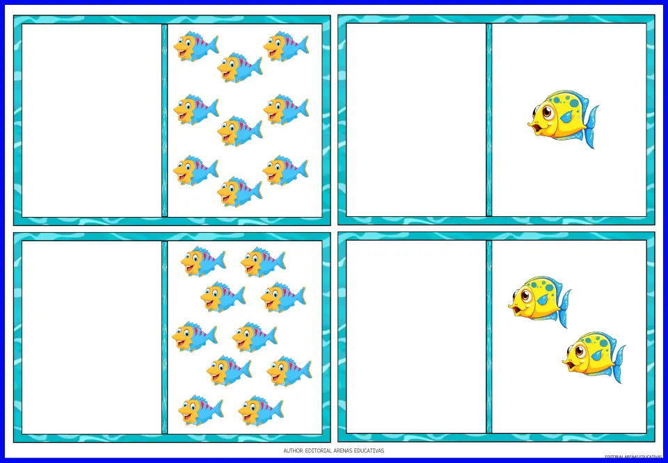 Fish quantity cards for matching penguin numerals: 9 and 10 blue fish, followed by 1 and 2 yellow fish