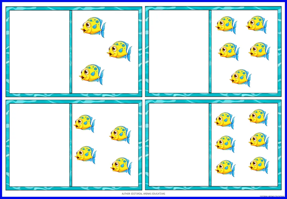 Fish quantity cards for the matching game: groups of 3, 4, 5, and 6 yellow fish to pair with penguin numerals