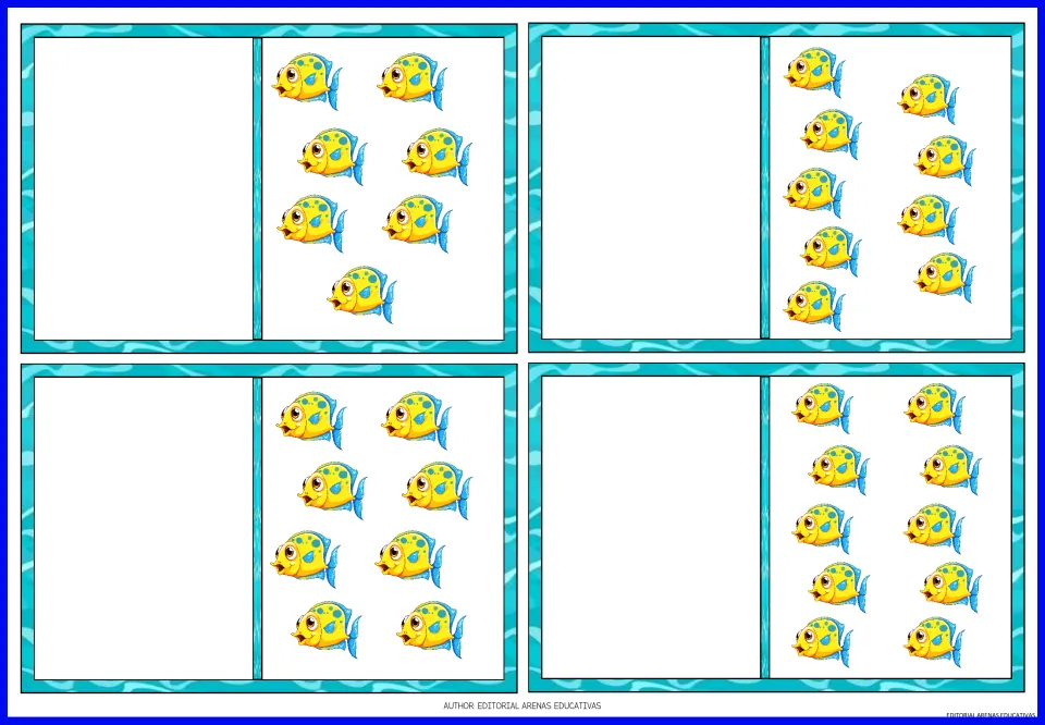 Fish quantity cards for the matching game: groups of 7, 8, 9, and 10 yellow fish to pair with penguin numerals