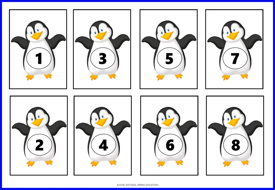 Penguin numeral cards 1–8 for the matching game, each showing a number to pair with a fish quantity card