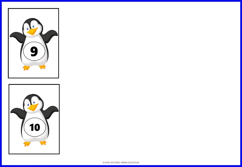 Penguin numeral cards 9 and 10 complete the set of ten number cards for matching with fish quantity cards