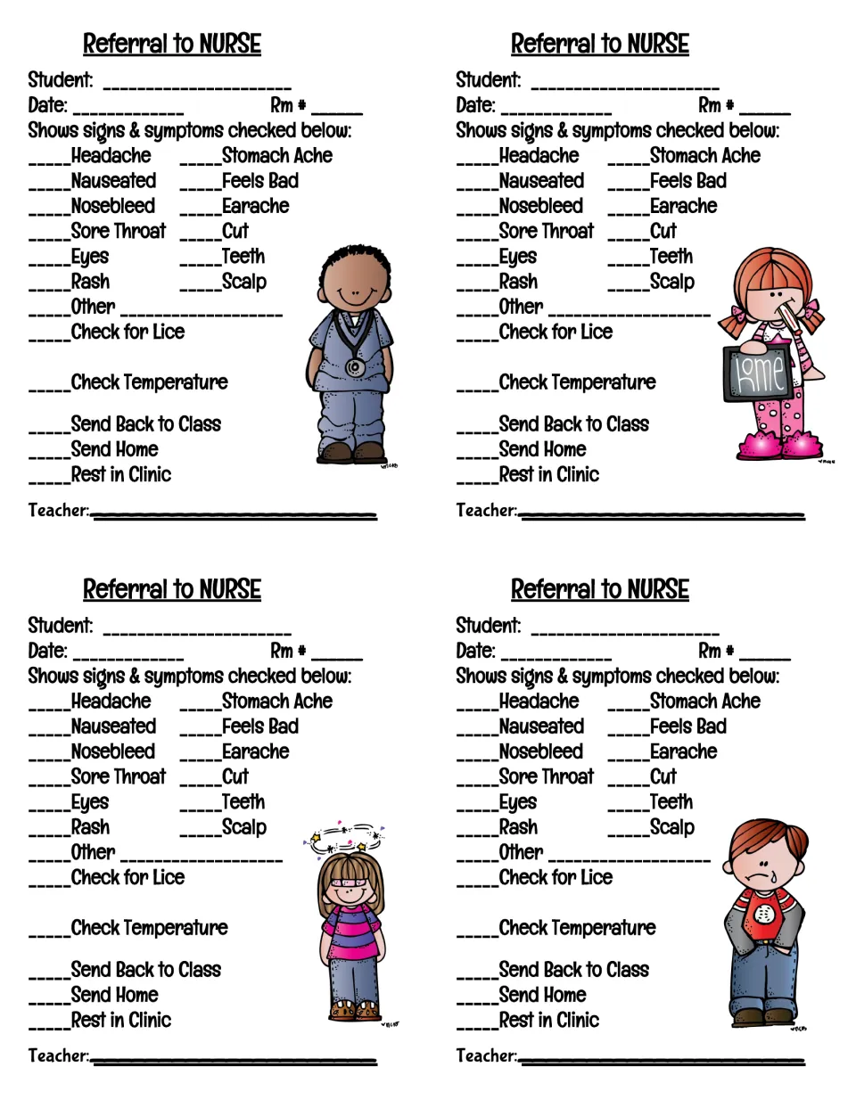 Referral to Nurse slips, four per page: teacher checks symptoms such as headache or rash, then an action like Send Home