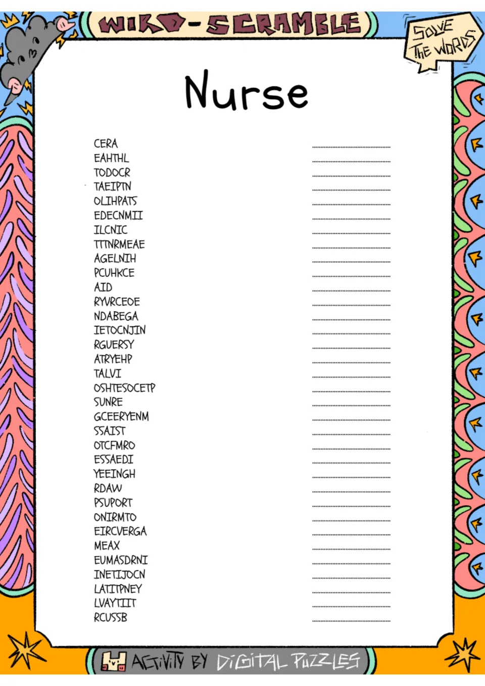 Nurse word scramble: students unscramble 34 health-care words such as CERA, TODOCR and OLIHPATS on the answer lines