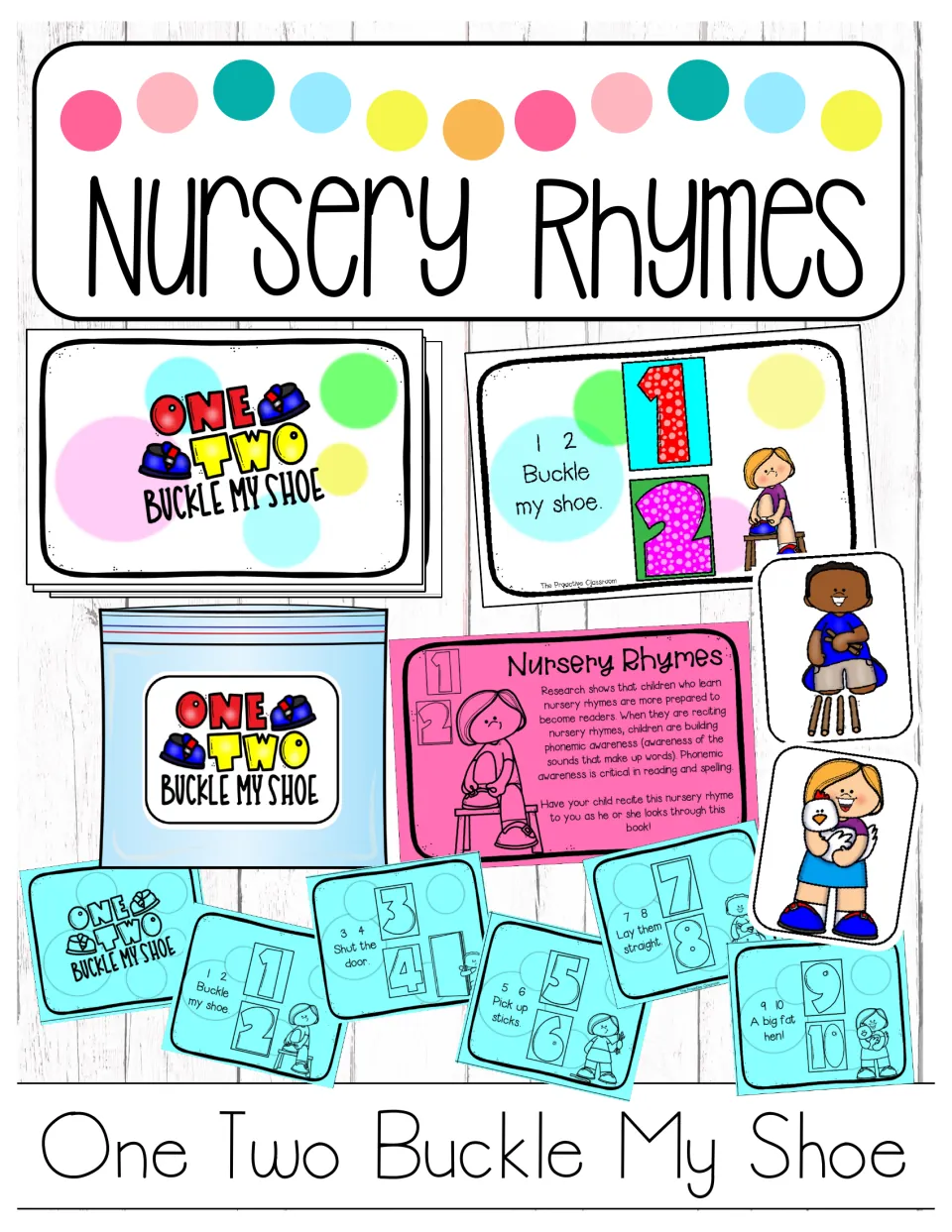 Nursery rhymes cover for One Two Buckle My Shoe showing the mini book, rhyme chart, parent note and character pieces