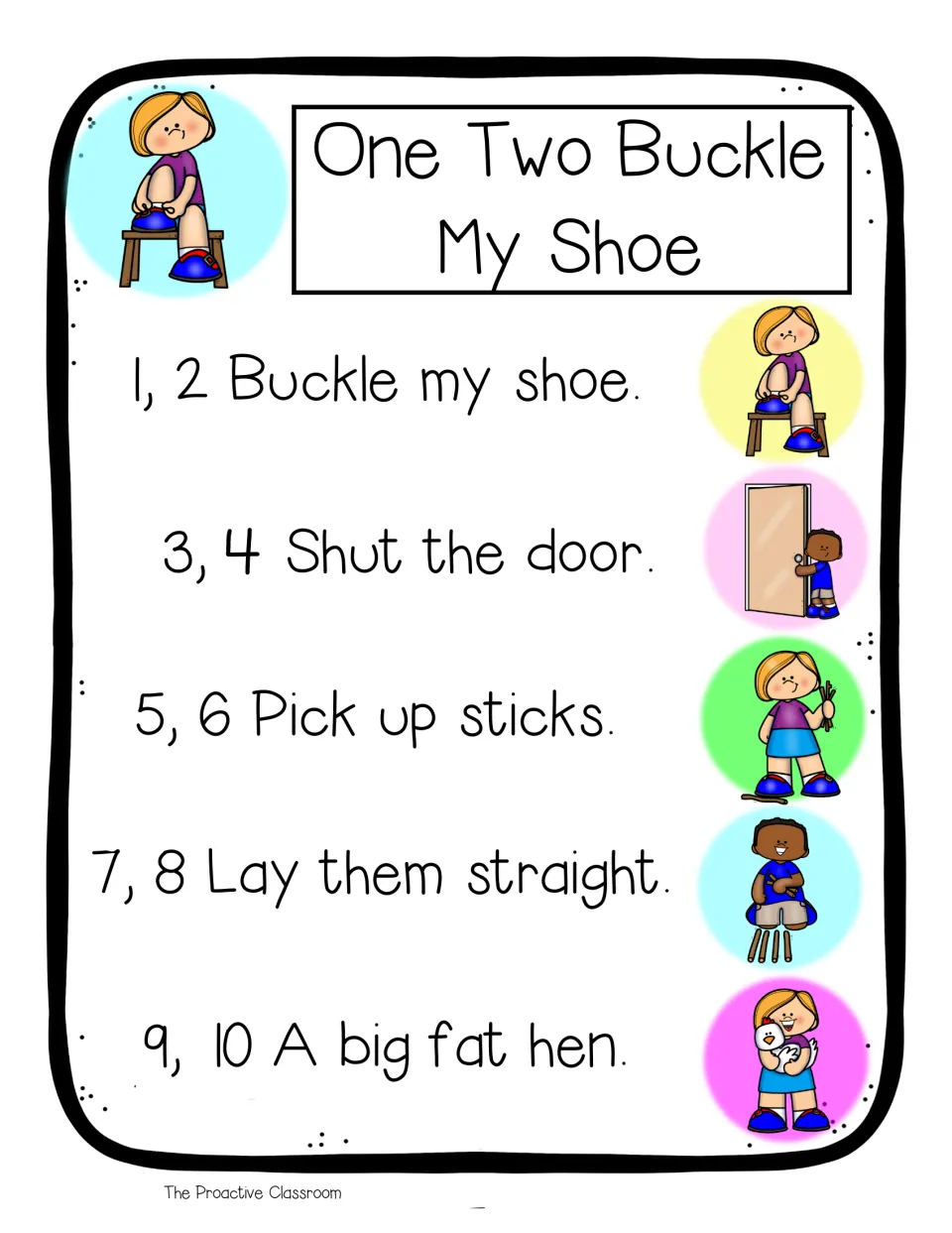 Rhyme chart in color: five counting lines from 1, 2 buckle my shoe to 9, 10 a big fat hen, each with a picture cue