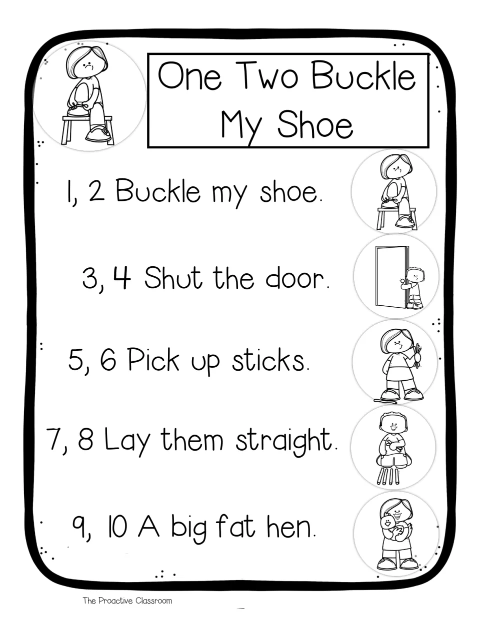 Rhyme chart in black and white: the five counting lines of the rhyme with outline picture cues beside each line