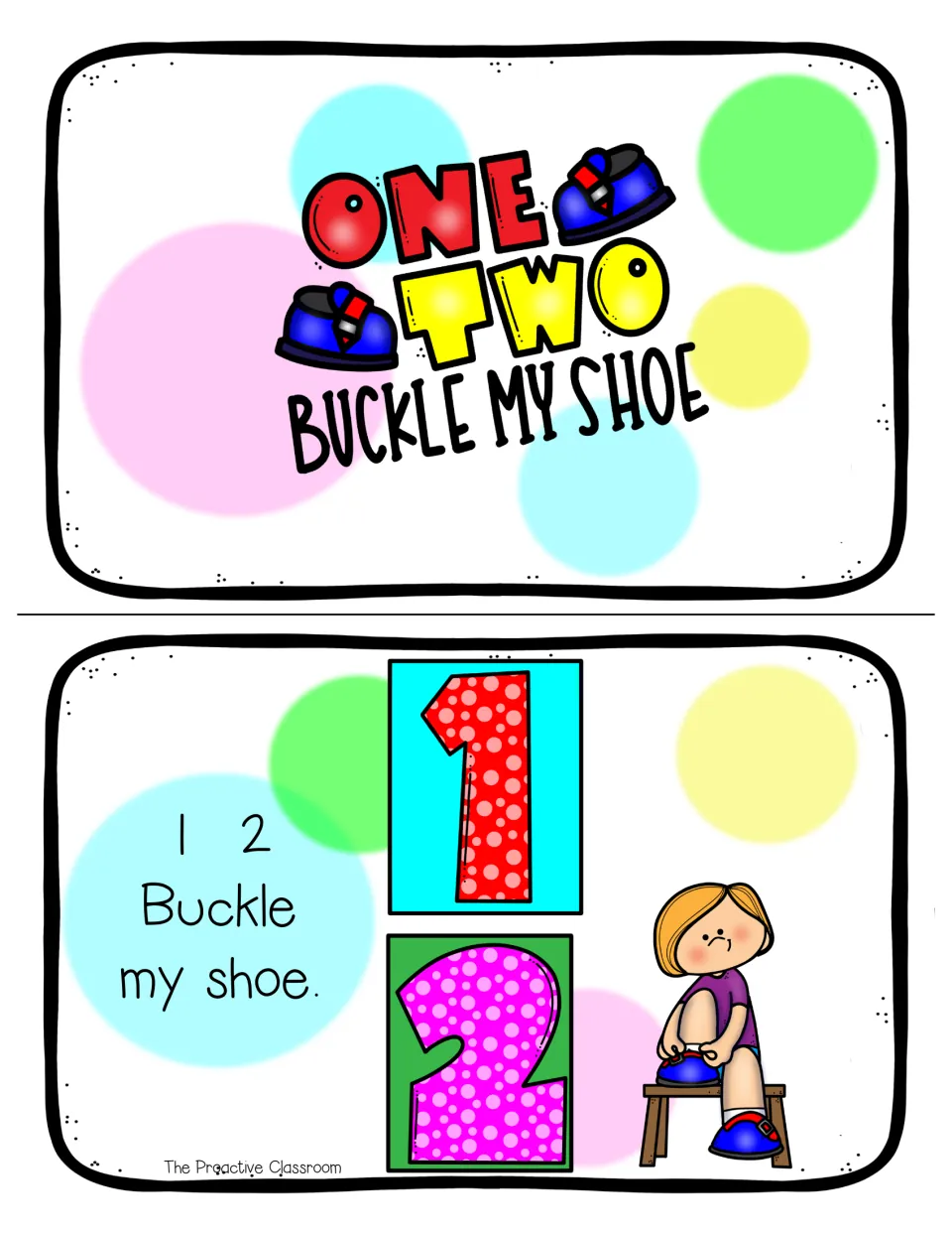 Mini book cover and first page in color: 1, 2 Buckle my shoe beside polka-dot numerals and a child buckling a shoe