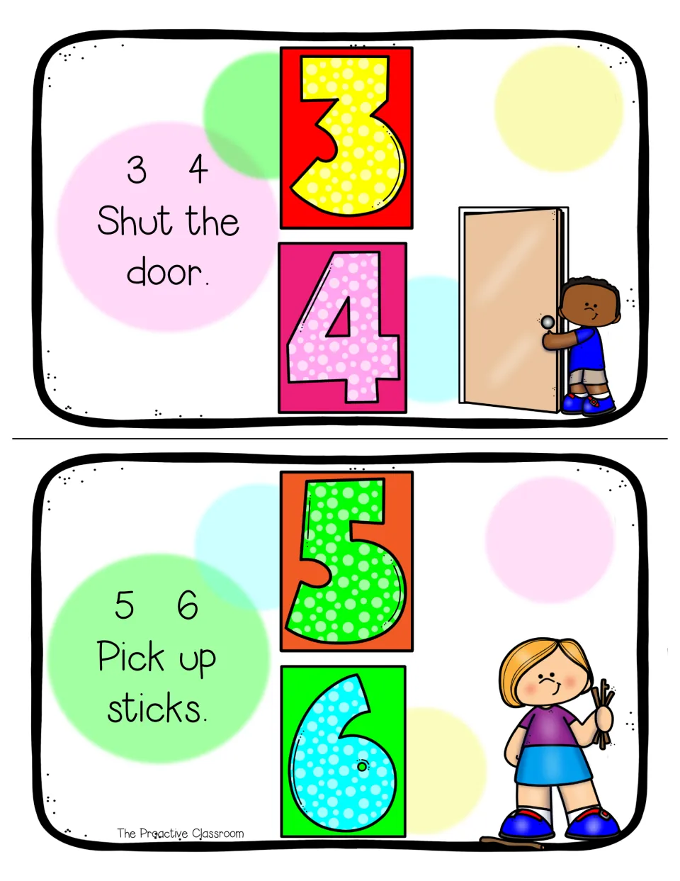 Mini book pages in color: 3, 4 Shut the door with a boy at a door, and 5, 6 Pick up sticks with a girl holding sticks