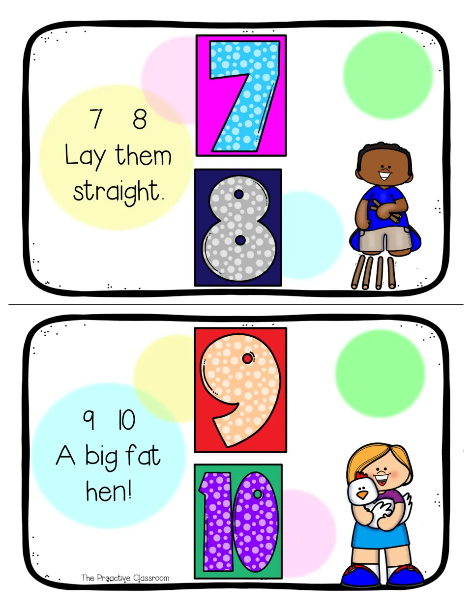 Mini book pages in color: 7, 8 Lay them straight with sticks in a row, and 9, 10 A big fat hen with a girl hugging a hen