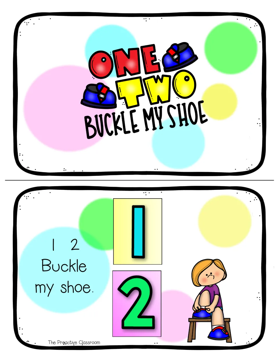 Alternate mini book cover and 1, 2 Buckle my shoe page with plain bold numerals and a child tying a shoe on a stool