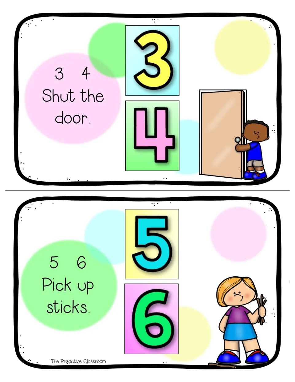 Alternate mini book pages: 3, 4 Shut the door and 5, 6 Pick up sticks, shown with plain bold numerals and picture cues