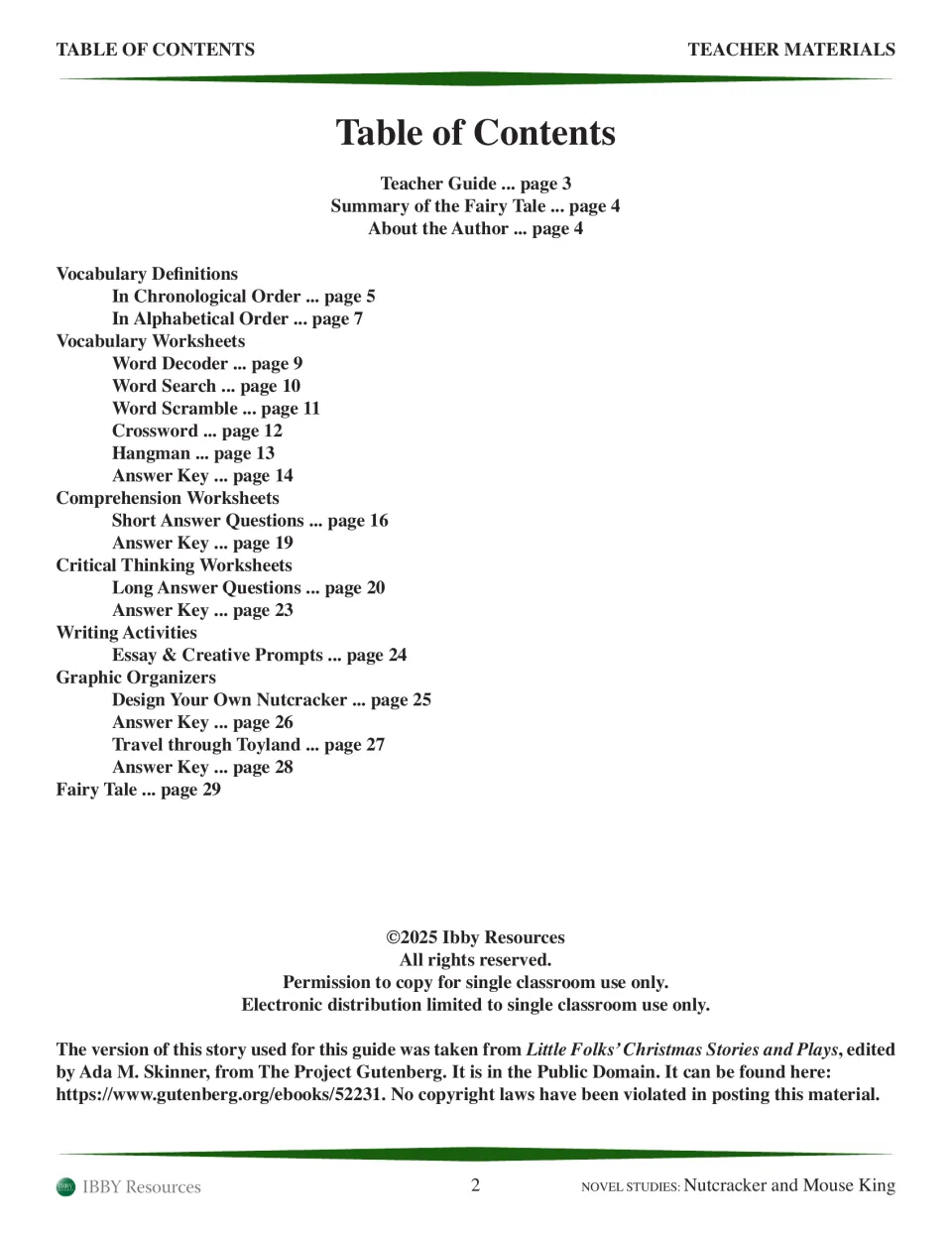 Study guide contents list vocabulary puzzles, comprehension, writing, graphic organizers, and the full fairy tale