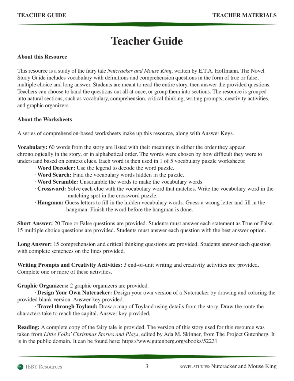 Teacher guide explains 60 vocabulary words, five puzzles, reading questions, writing, and two graphic organizers