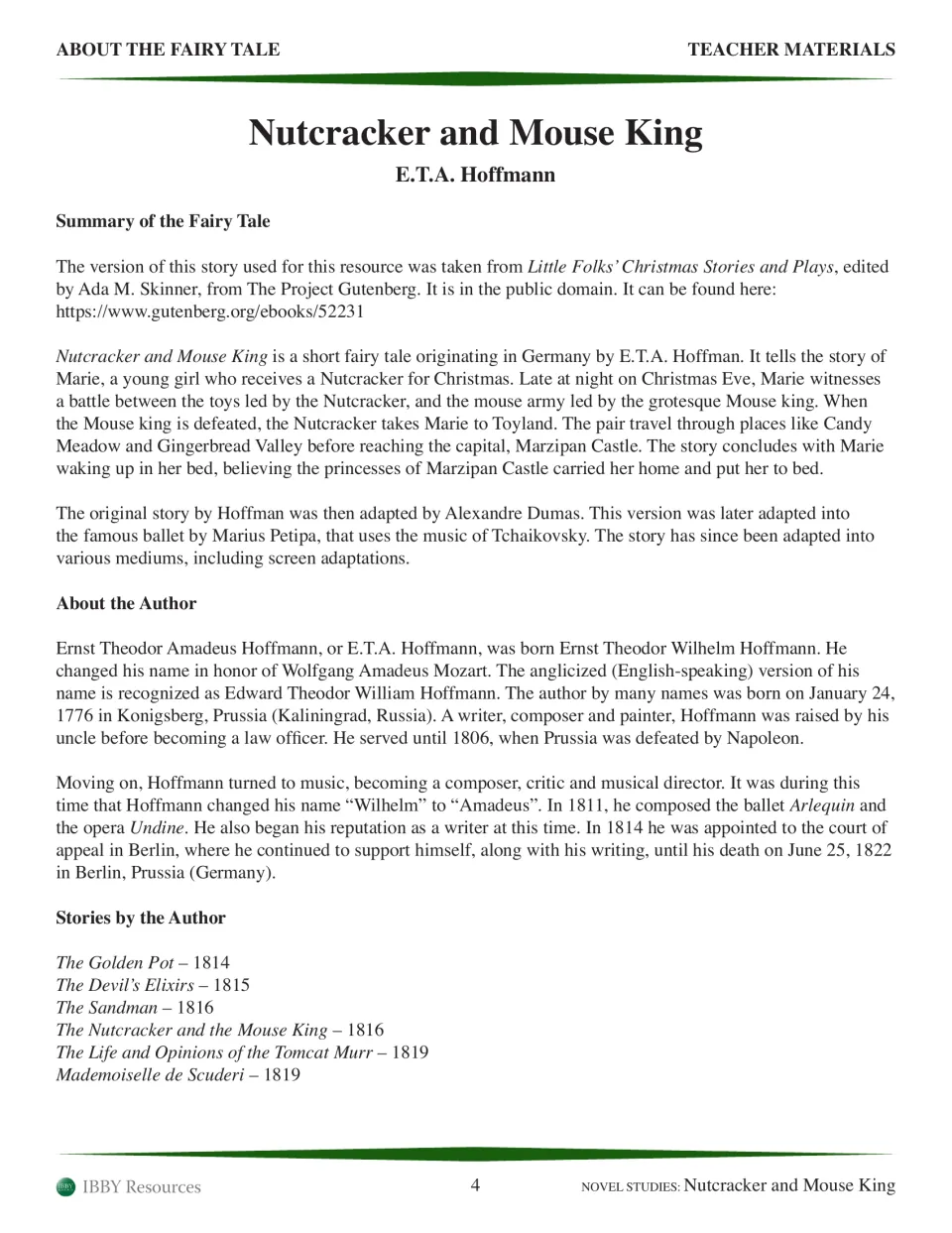 Teacher background summarizes Marie's journey to Toyland and gives Hoffmann's biography and a list of his stories
